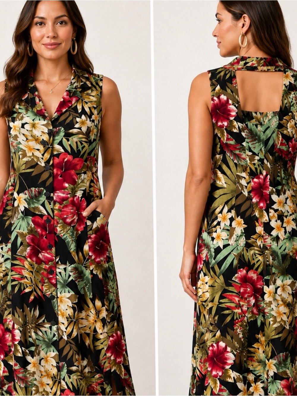 VINTAGE Floral Midi Dress Shirtdress Sz S